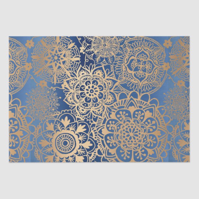 Elegant Blue Gold Mandala Pattern Tissue Paper (Front)