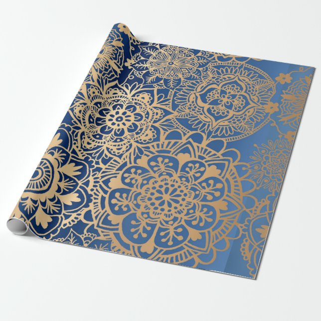 Elegant Blue Gold Mandala Pattern Wrapping Paper (Unrolled)