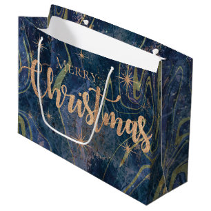 Elegant Blue Gold Marble Effect Merry Christmas Large Gift Bag