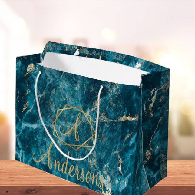 Elegant Blue Gold Marble Effect Monogram Christmas Large Gift Bag (Creator Uploaded)