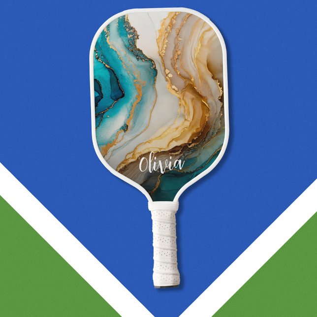 Elegant Blue Gold Marble Personalised Name Pickleball Paddle (Creator Uploaded)
