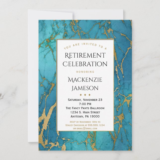 Elegant Blue Gold Marble Retirement Invitation (Front)
