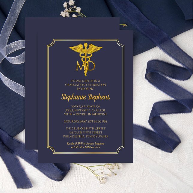 Elegant Blue | Gold MD Physician Graduation Party Invitation (Elegant Blue and Gold-Toned  "MD" Physician Formal Graduation Party Invitation)