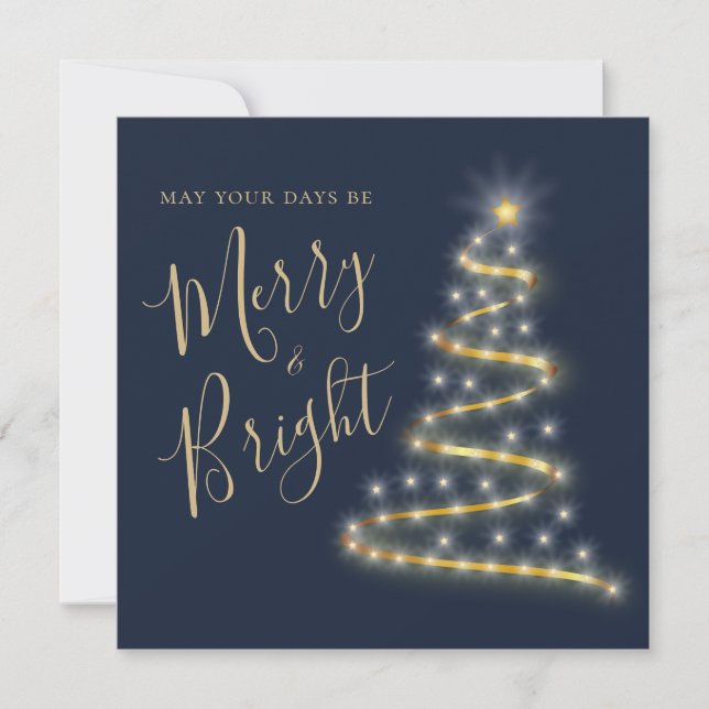 Elegant Blue Gold  Merry and Bright Non Photo Holi Holiday Card (Front)
