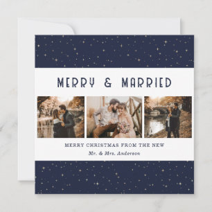 Elegant Blue Gold Merry and Married Christmas Holiday Card