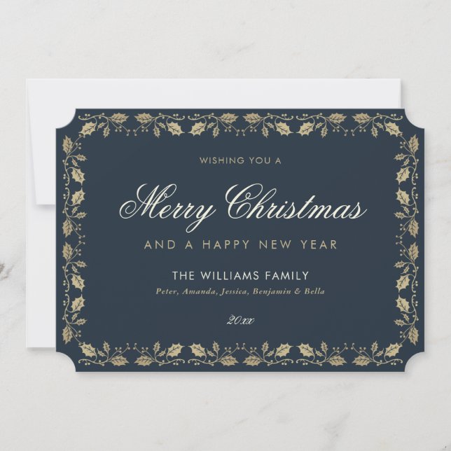 Elegant Blue Gold Merry Christmas Card (Front)