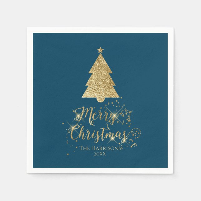 Elegant Blue Gold Merry Christmas Sparkle  Napkin (Front)