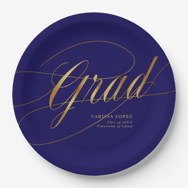 Elegant Blue & Gold Minimalist Grad Calligraphy Paper Plate (Front)