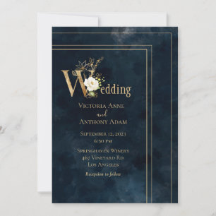Elegant Blue Gold Modern Wedding Invitation