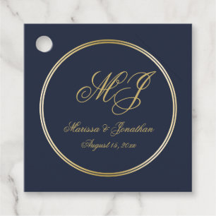Elegant Blue Gold Monogram Name Wedding Thank You Favour Tags