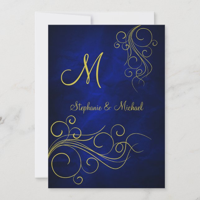 Elegant Blue Gold Monogram Wedding Invitation (Front)