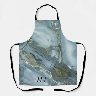 Elegant Blue Gold Monogrammed Apron with Heart