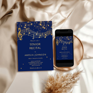 Elegant Blue Gold Music Senior Recital Invitation
