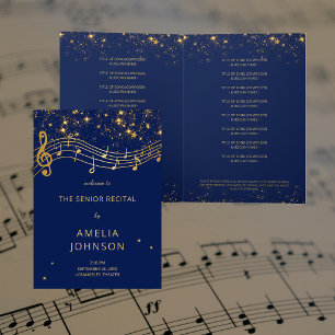 Elegant Blue Gold Music Senior Recital Program Invitation