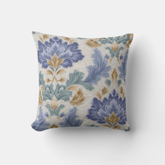 Elegant Blue & Gold Ornamental Floral Throw Pillow
