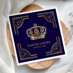 Elegant Blue Gold Ornate Crown Wedding Napkin