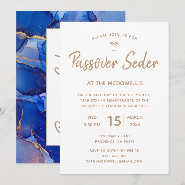 Elegant Blue Gold Passover Seder Invitation (Front/Back)
