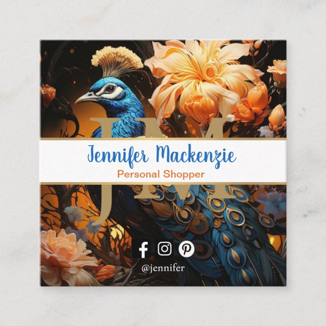 Elegant Blue Gold Peacock Square Business Card (Front)