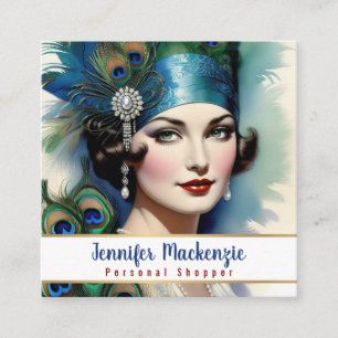 Elegant Blue Gold Peacock Woman Square Business Card