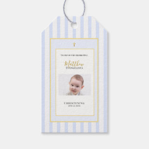 Elegant Blue Gold Photo Christening Favour Gift Tags