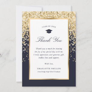Elegant Blue Gold Photo Graduation Thank You Card