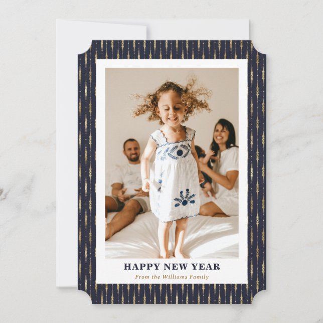 Elegant Blue Gold Photo Happy New Year Card (Front)