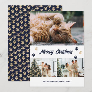 Elegant Blue Gold Photo Meowy Christmas Card