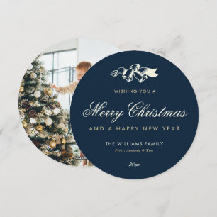 Elegant Blue Gold Photo Merry Christmas Holiday Card