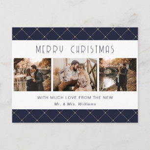 Elegant Blue Gold Photo Newlywed Holiday Postcard