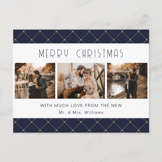 Elegant Blue Gold Photo Newlywed Holiday Postcard (Front)