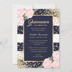 Elegant Blue Gold Pink Floral Quinceañera Invitation