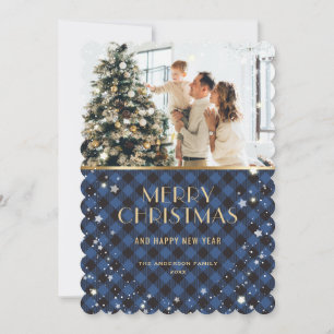 Elegant Blue Gold Plaid Snow Photo Holiday Card