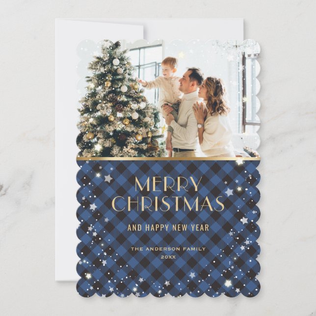 Elegant Blue Gold Plaid Snow Photo Holiday Card (Front)