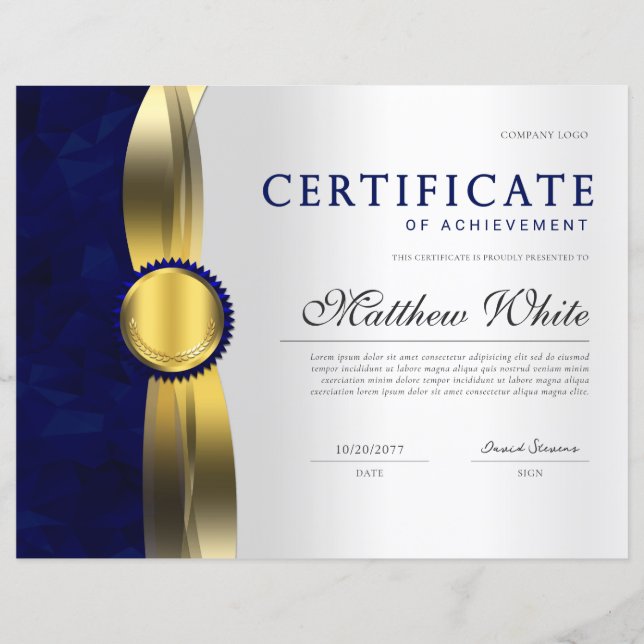 Elegant Blue & Gold Professional Certificate Award (Front)