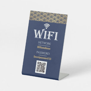 Elegant Blue Gold QR Code Wifi Password Network Pedestal Sign