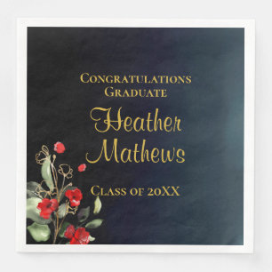 Elegant Blue Gold Red Floral Graduation Party Napkin