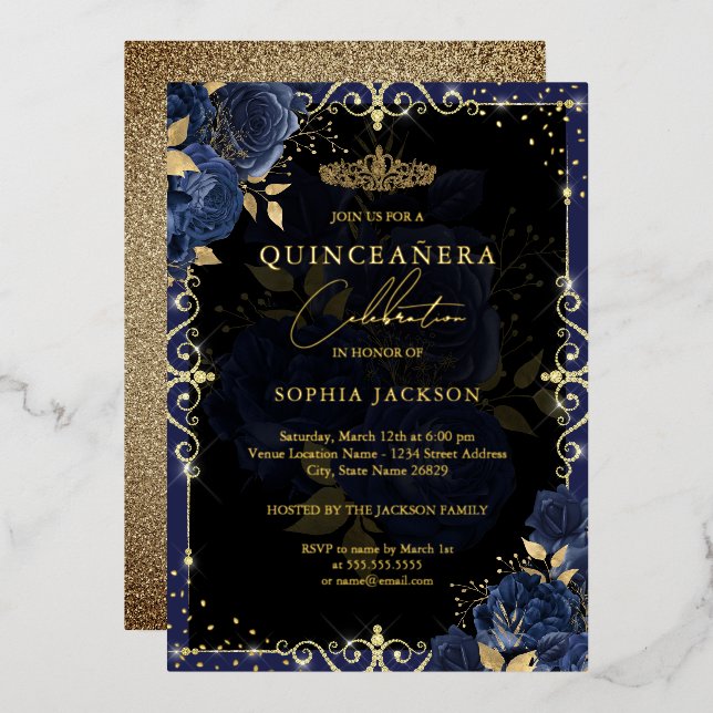 Elegant Blue Gold Rose Quinceanera (Front/Back)