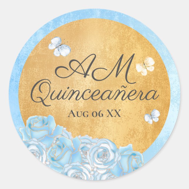 Elegant Blue Gold Roses Butterflies Quinceañera Classic Round Sticker (Front)