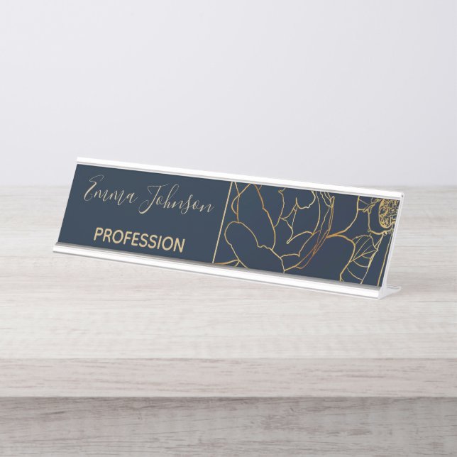 Elegant Blue Gold Roses Floral Desk Name Plate (Front)