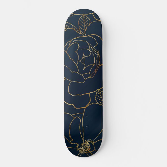 Elegant Blue Gold Roses Floral Skateboard (Front)