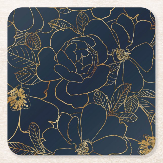 Elegant Blue Gold Roses Floral Square Paper Coaster (Front)