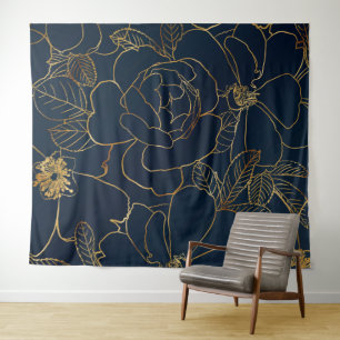 Elegant Blue Gold Roses Floral Tapestry