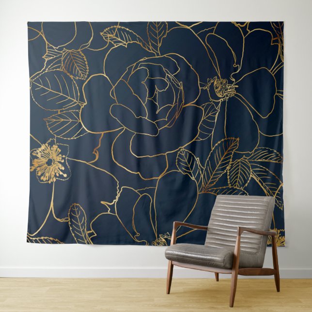Elegant Blue Gold Roses Floral Tapestry (In Situ (Horizontal))