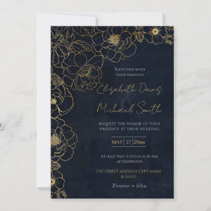 Elegant Blue Gold Roses Flowers Invitation
