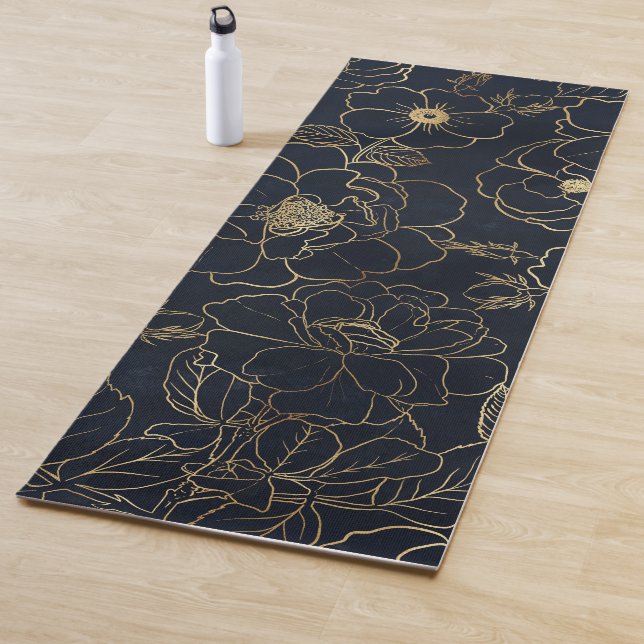 Elegant Blue Gold Roses Flowers  Yoga Mat (In Situ)