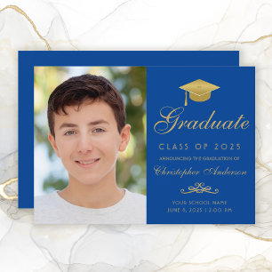 Elegant Blue Gold Script Cap Photo Graduation Announcement
