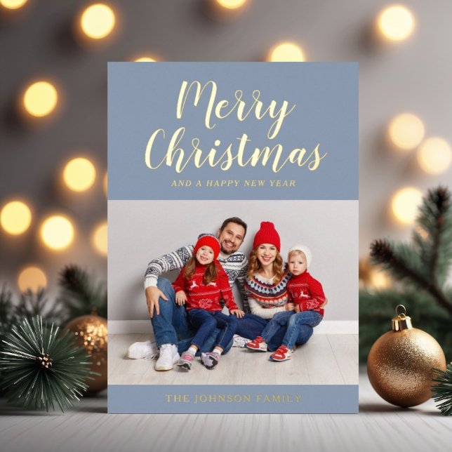Elegant Blue Gold Script Christmas One Photo Foil Holiday Card (Elegant Blue Gold Script Christmas One Photo Foil Holiday Card)