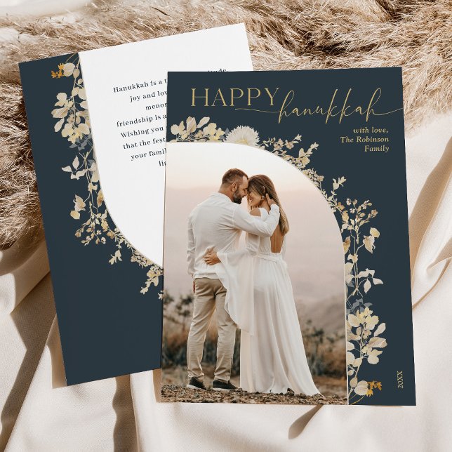 Elegant Blue Gold Script Happy Hanukkah  Holiday Card (Creator Uploaded)