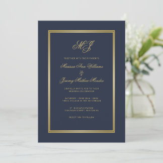 Elegant Blue Gold Script Monogram Wedding Invitation