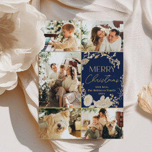 Elegant Blue Gold Script Multi Photo Christmas  Holiday Card